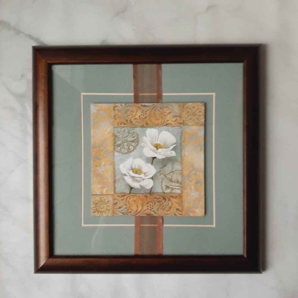 NWT KIRKLAND'S Blue Brown Framed Floral Print Wall Decor